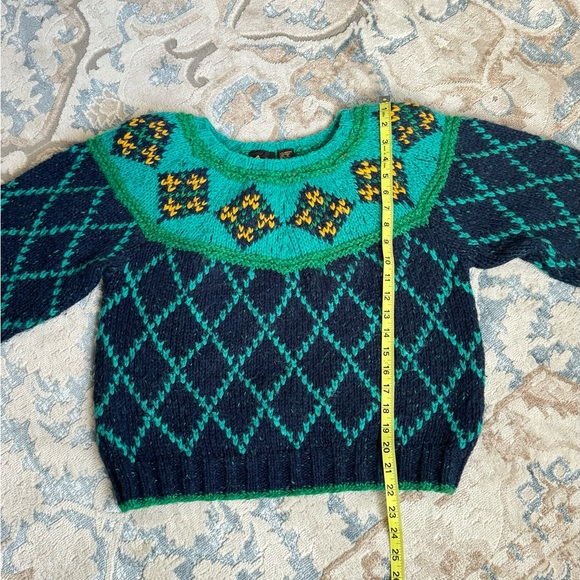 VTG 90’s Liz Sport chunky wool Sweater Green Cropped Checkered Balloon Sleeve S - Picture 8 of 11